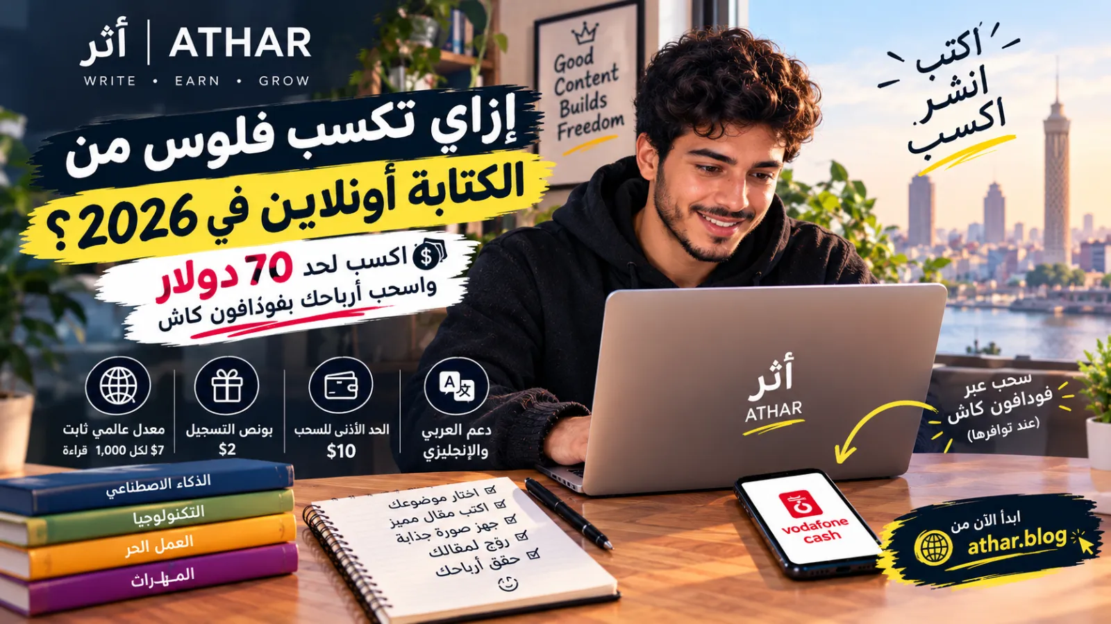 إزاي تكسب فلوس من الكتابة أونلاين في 2026؟ اكسب لحد 70 دولار واسحب أرباحك بفودافون كاش