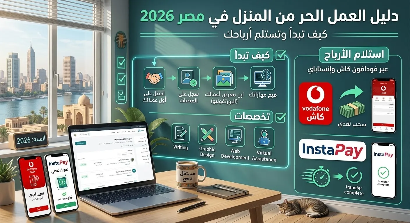 دليل العمل الحر من المنزل في مصر 2026: كيف تبدأ وتستلم أرباحك عبر فودافون كاش وإنستاباي