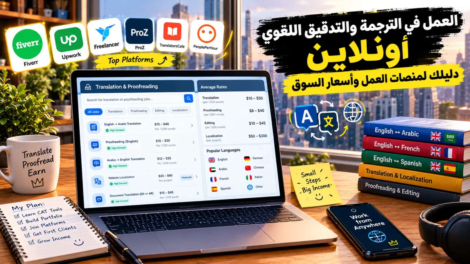 العمل في الترجمة والتدقيق اللغوي أونلاين: دليلك لمنصات العمل وأسعار السوق
