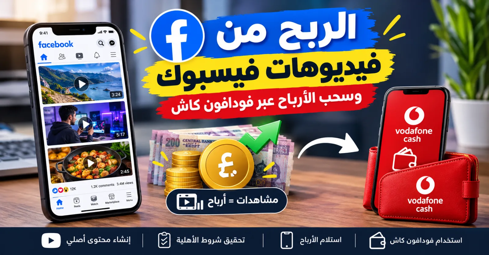 الربح من فيديوهات فيسبوك وسحب الأرباح عبر فودافون كاش